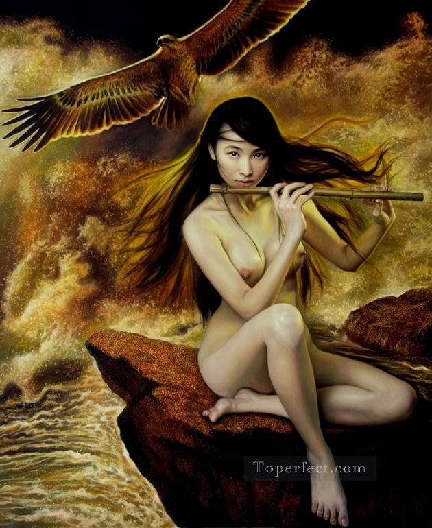 Eagle and Fluting Beauty Chinese Girl Nude Oil Paintings